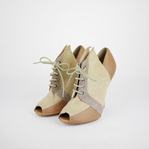 ASK ALICE Women's 7.5 Tan brown suede leather open toe bootie heeled ankle boot